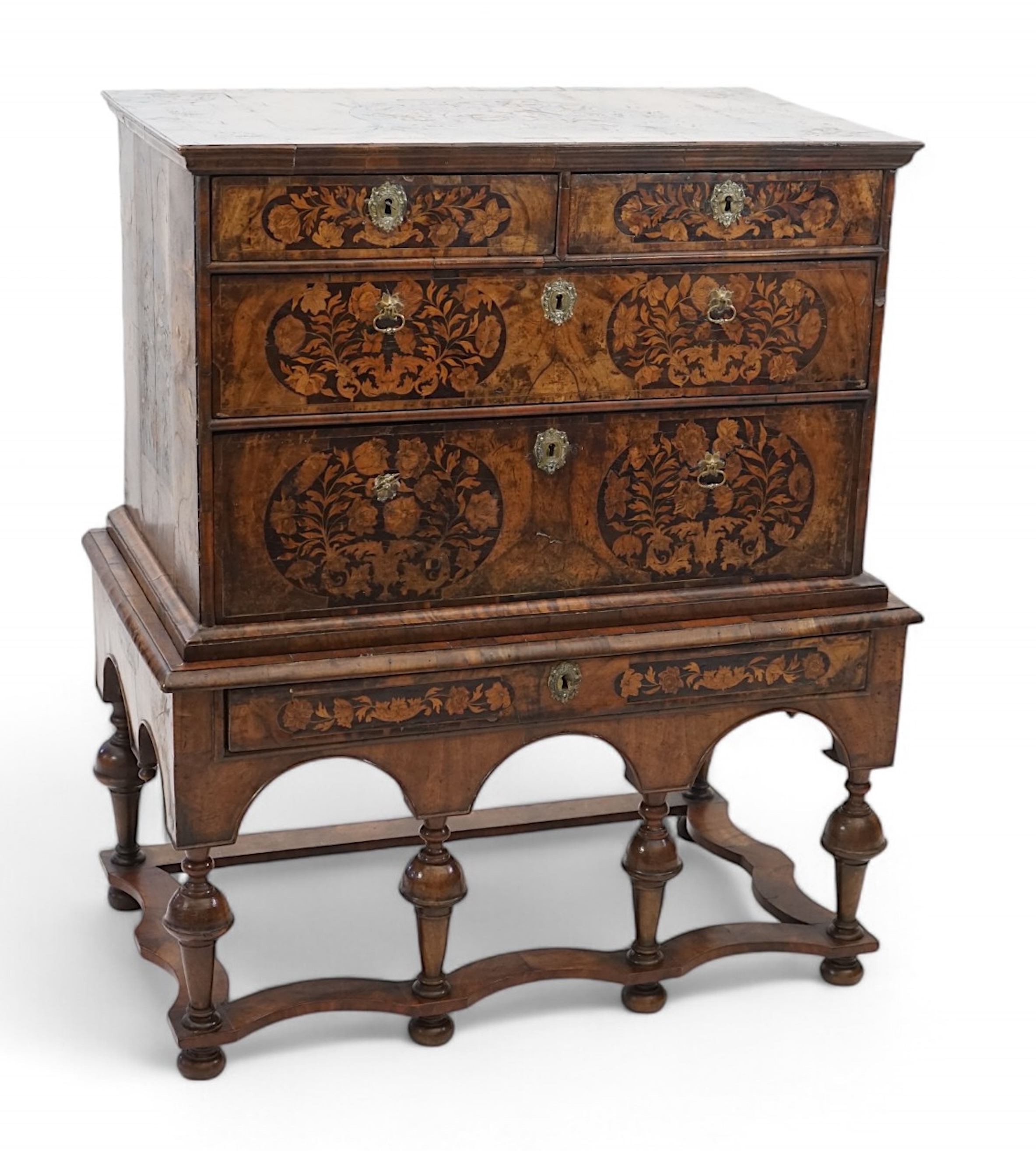 A William and Mary walnut and marquetry chest on stand